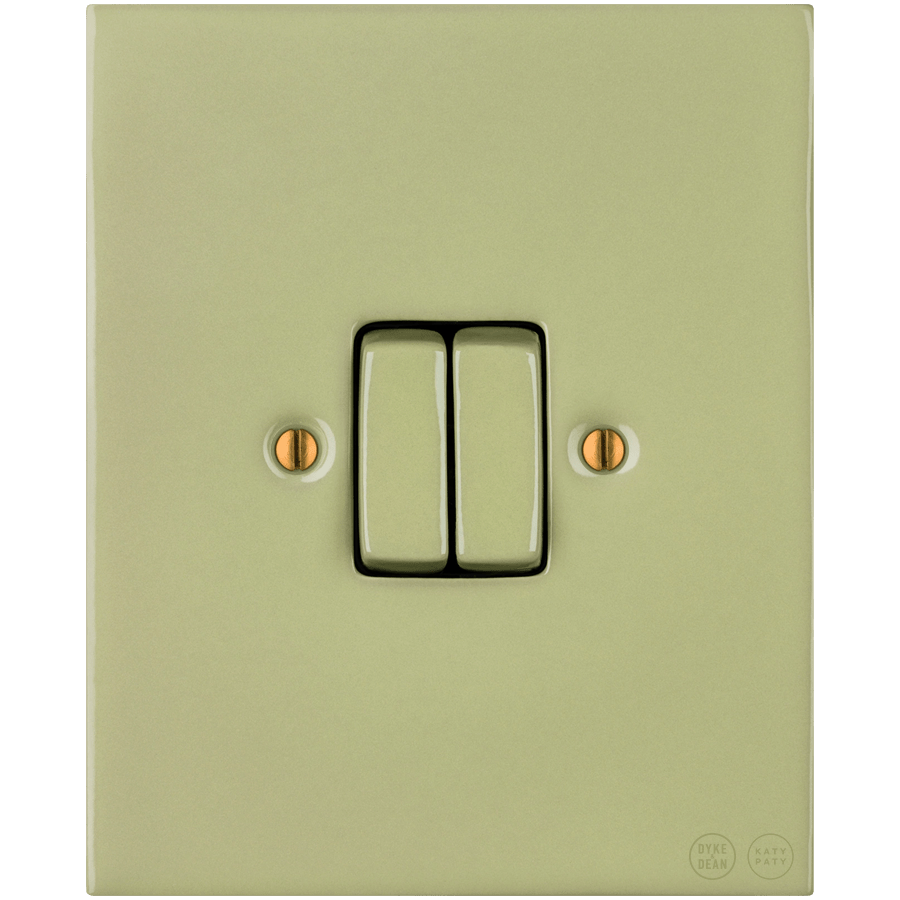 KATY PATY PORCELAIN PLATE WALL LIGHT SWITCH DOUBLE MOSS GREEN - DYKE & DEAN