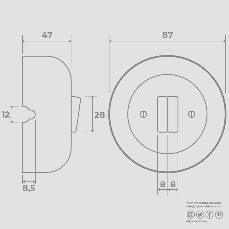 PORCELAIN KATY PATY COLONA ROUND SURFACE MOUNTED DOUBLE SLIM BUTTON SWITCH ASH GREY - DYKE & DEAN