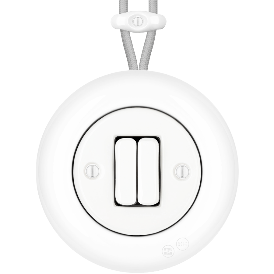 PORCELAIN KATY PATY COLONA ROUND SURFACE MOUNTED DOUBLE SLIM BUTTON SWITCH WHITE - DYKE & DEAN