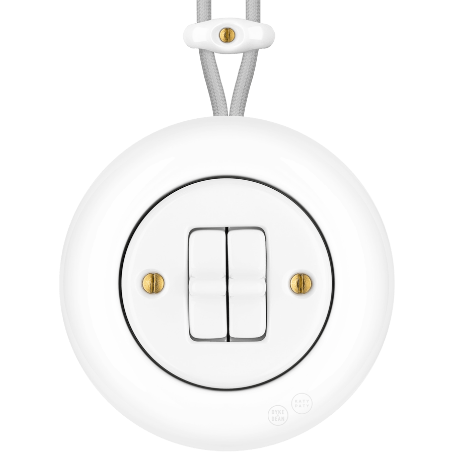 PORCELAIN KATY PATY COLONA ROUND SURFACE MOUNTED DOUBLE TOGGLE BUTTON SWITCH WHITE - DYKE & DEAN