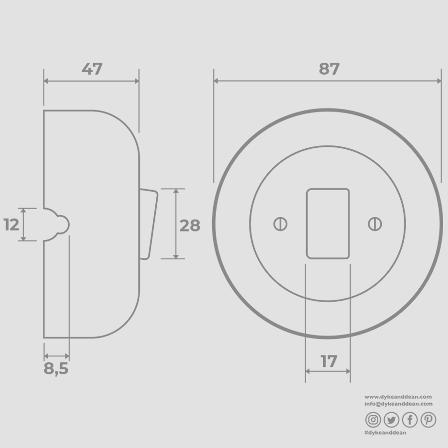 PORCELAIN KATY PATY COLONA ROUND SURFACE MOUNTED FAT BUTTON SWITCH ASH GREY - DYKE & DEAN