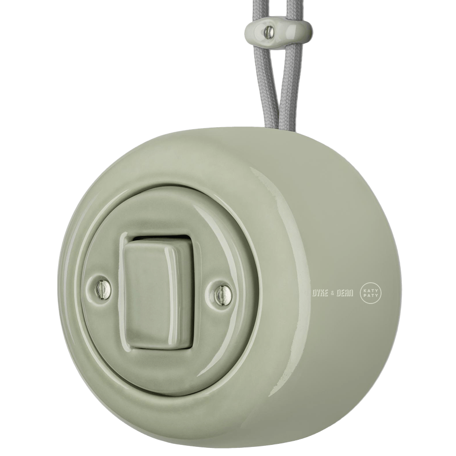 SURFACE PORCELAIN WALL LIGHT SWITCH GREY GREEN FAT BUTTON - DYKE & DEAN