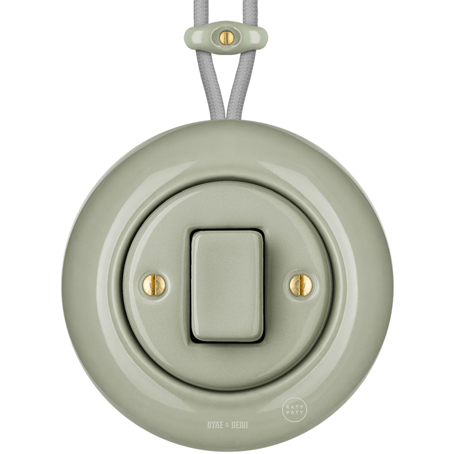 SURFACE PORCELAIN WALL LIGHT SWITCH GREY GREEN FAT BUTTON - DYKE & DEAN