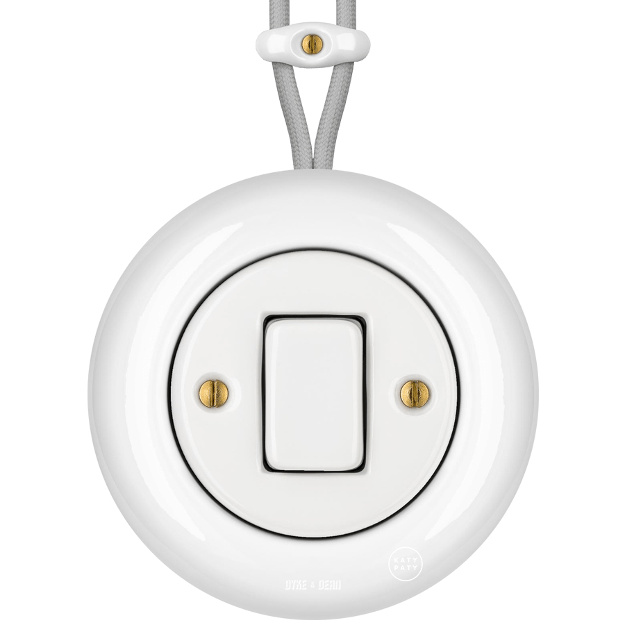 SURFACE PORCELAIN WALL LIGHT SWITCH WHITE FAT BUTTON - DYKE & DEAN