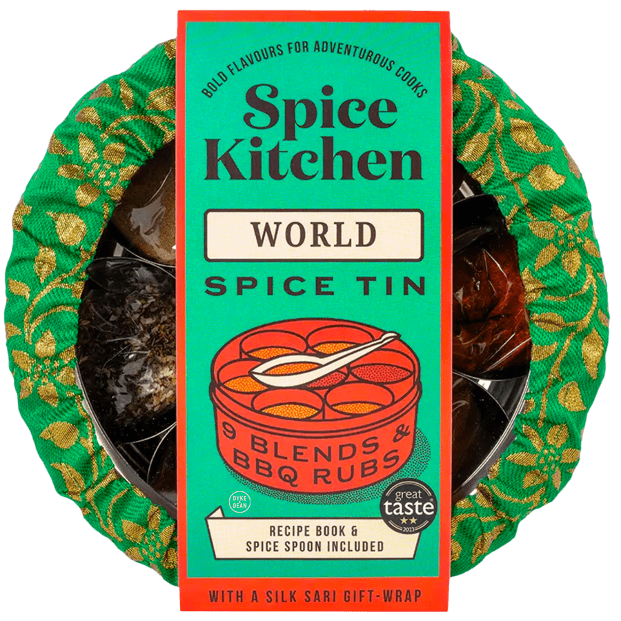 WORLD SPICE BLEND & RUBS TIN WITH SILK SARI WRAP - DYKE & DEAN