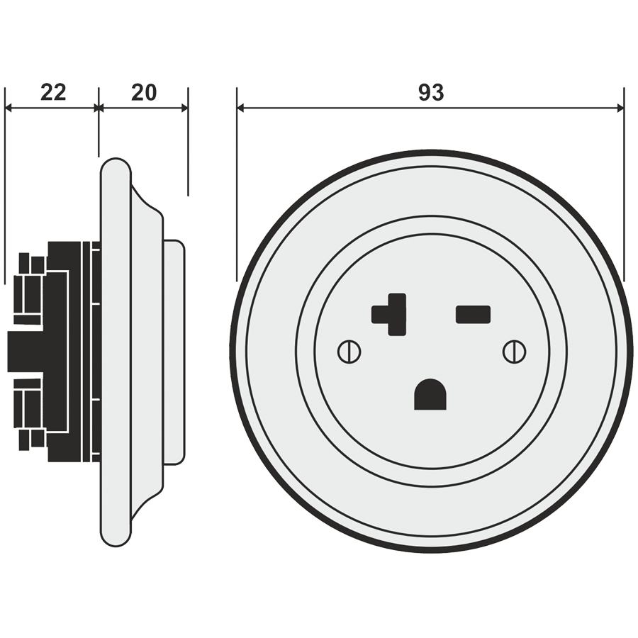 PORCELAIN WALL SOCKET BLACK USA 20 AMP - DYKE & DEAN