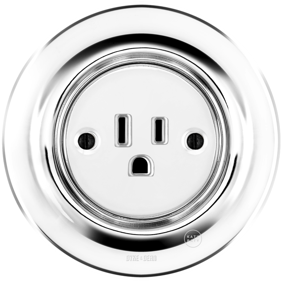 PORCELAIN WALL SOCKET CHROME USA 15 AMP - DYKE & DEAN