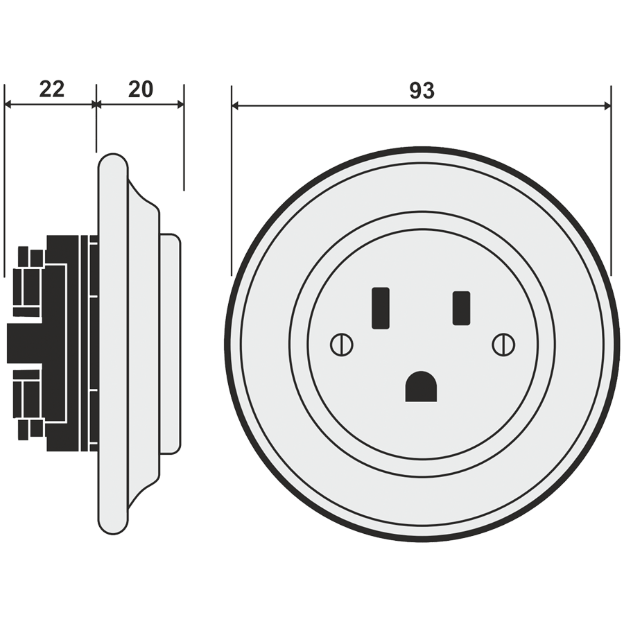 PORCELAIN WALL SOCKET CHROME USA 15 AMP - DYKE & DEAN