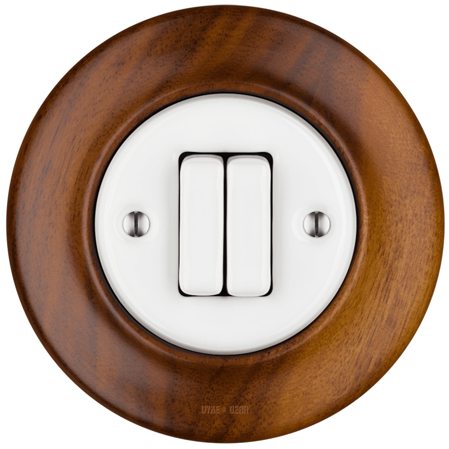 WOODEN PORCELAIN WALL LIGHT SWITCH NUC MAG DOUBLE - DYKE & DEAN